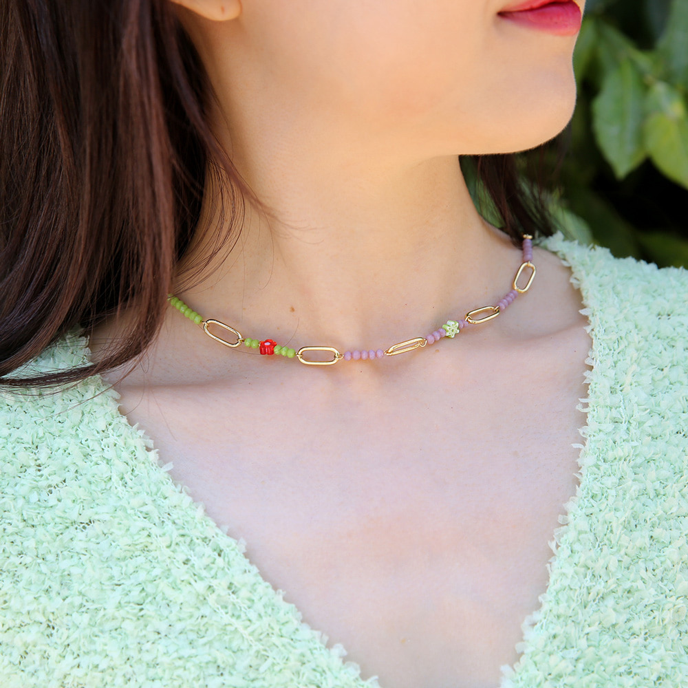 tiny flower mix chain necklace (2colors)